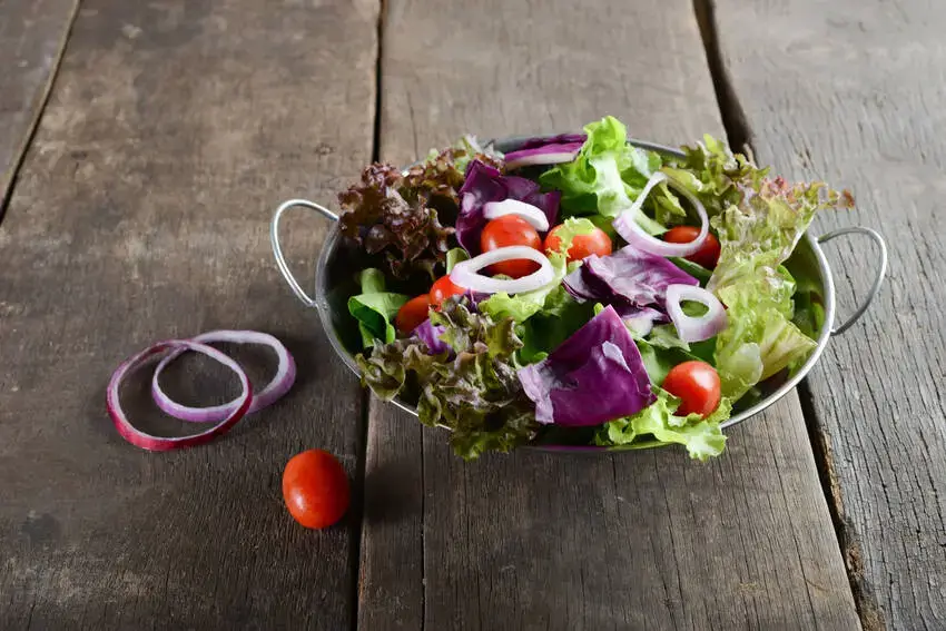 A bowl of salad with lettuce, red cabbage, cherry tomatoes, and red onion rings (vegan food) on a wooden table