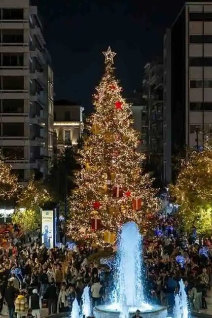 A lit public fountain spraying water before a massive glowing holiday tree at night.