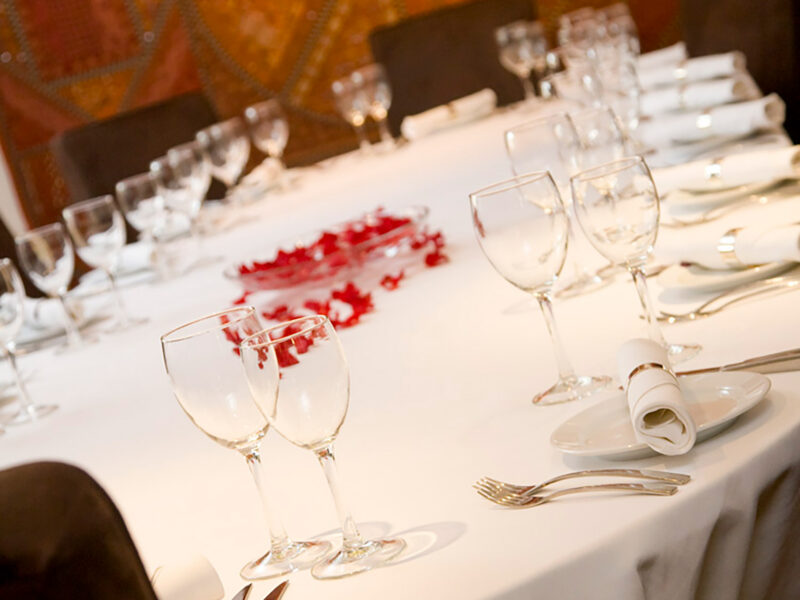 Elegant restaurant dining area ready for an authentic South Indian dinner in Crawley.
