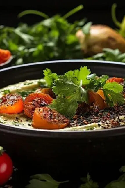 Creamy plant-based dish topped with roasted cherry tomatoes and fresh herbs at Zari.