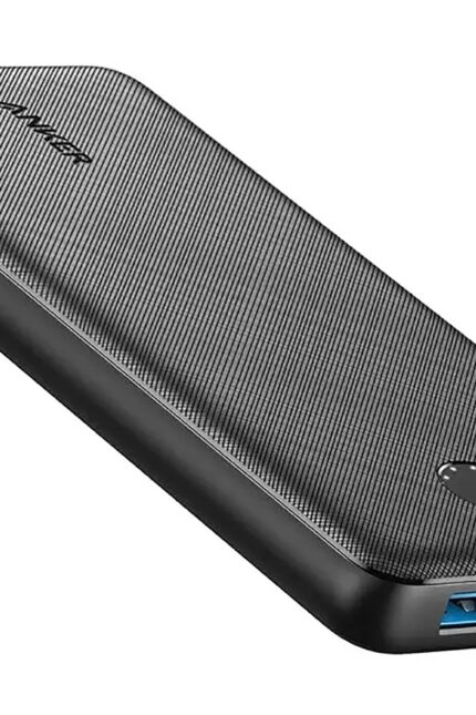 A black textured high-capacity portable power bank external battery charger.