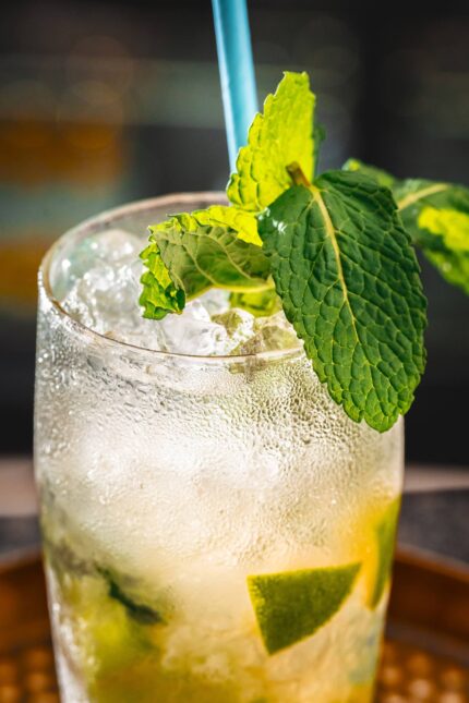 A refreshing iced mint mojito cocktail served in a condensation-covered glass.