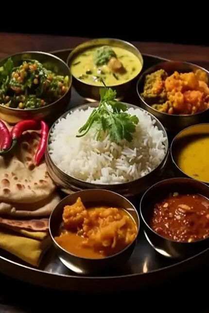 Traditional Rajasthani Indian feast platter served at Zari Restaurant, Crawley.