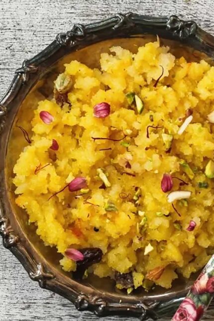 Sweet spiced Sooji Halwa semolina pudding served at Zari Restaurant in Crawley.