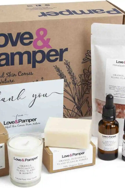 A Love and Pamper wellness gift box with a thank you card and essential oils.