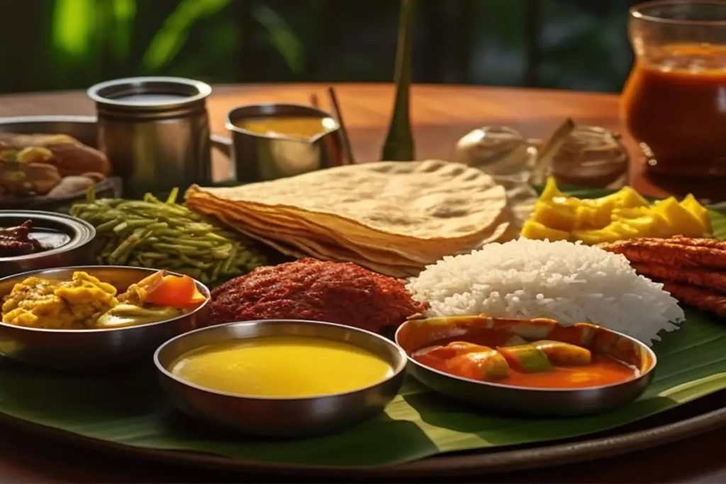 Traditional festive Indian thali feast featuring fresh rotis, rice, and dal at Zari Crawley.