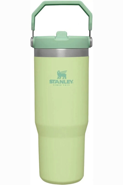 A light green insulated Stanley IceFlow flip straw water bottle with a handle.