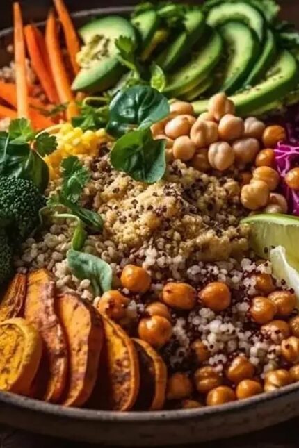 Nutritious vegan grain bowl with chickpeas, avocado, and sweet potato at Zari Crawley.