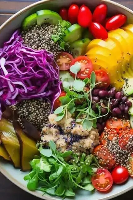 Colourful plant-based salad bowl with fresh vegetables for vegan takeaway in Crawley.