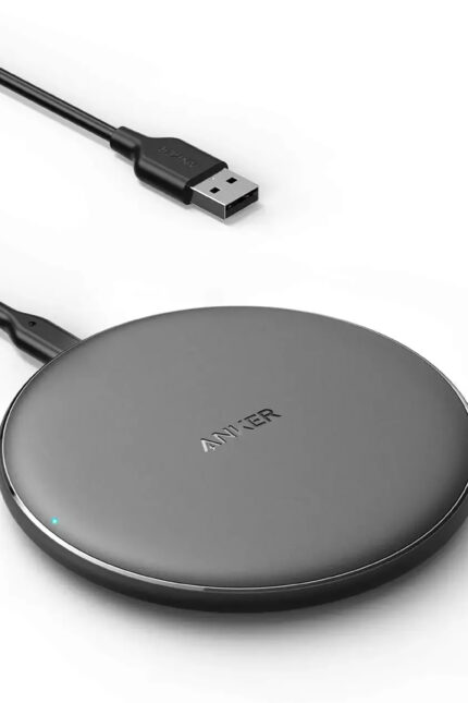 Sleek matte black Anker wireless charging pad with a USB cable attachment.