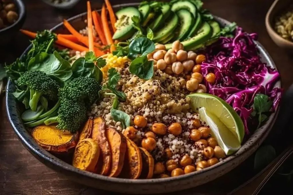 Nutritious vegan grain bowl with chickpeas, avocado, and sweet potato at Zari Crawley.