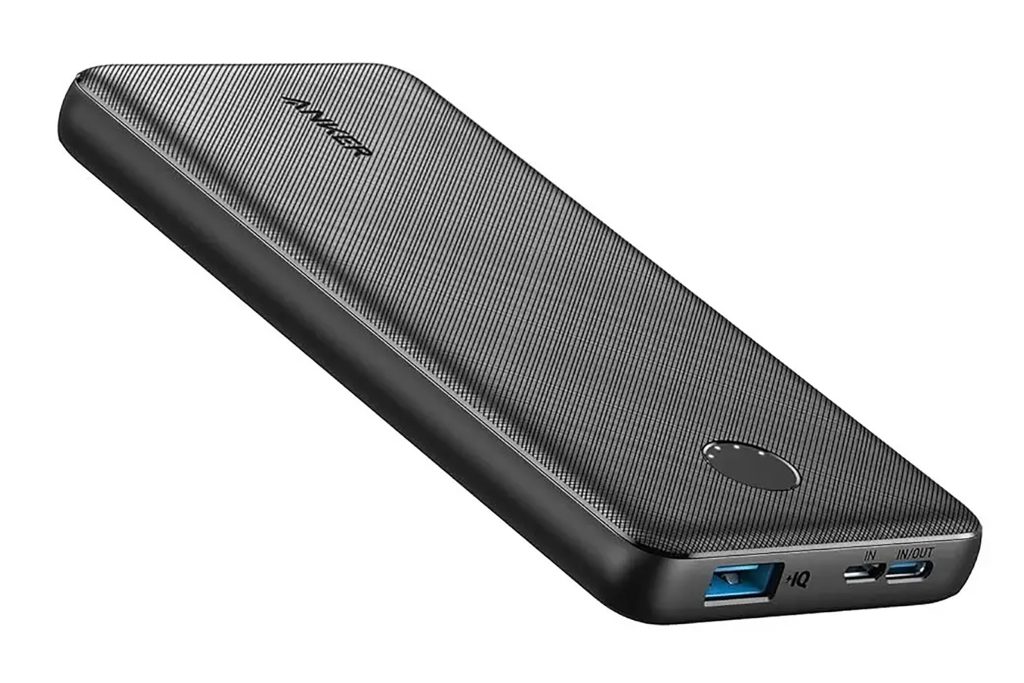 A black textured high-capacity portable power bank external battery charger.