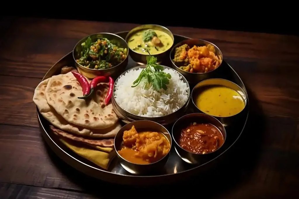 Traditional Rajasthani Indian feast platter served at Zari Restaurant, Crawley.