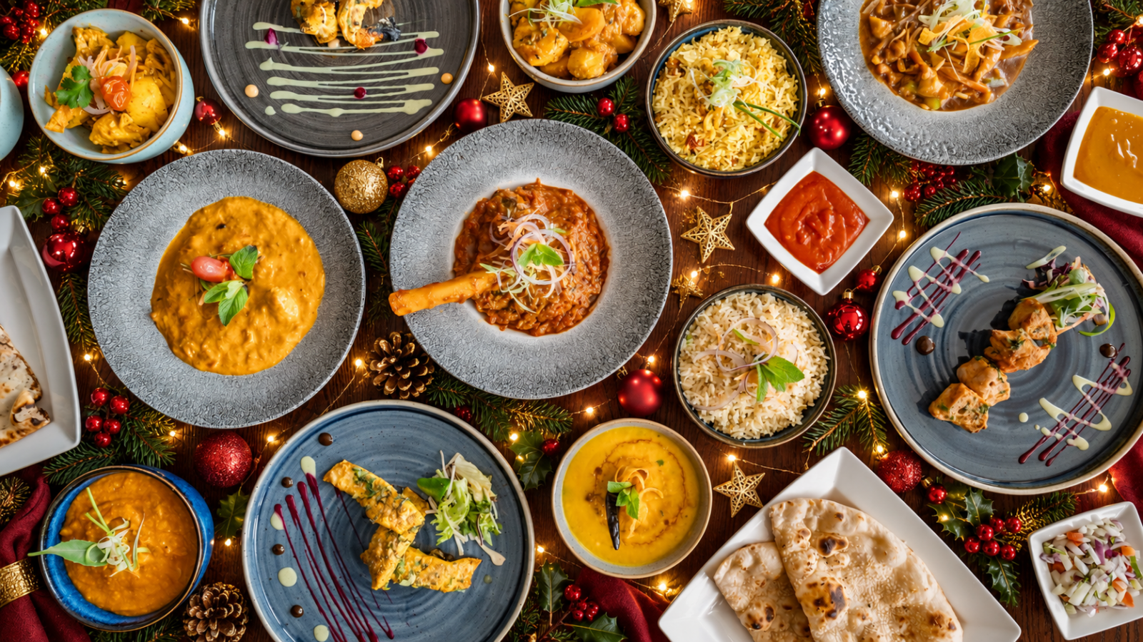 An overhead selection of Indian dishes for Christmas Day at Zari