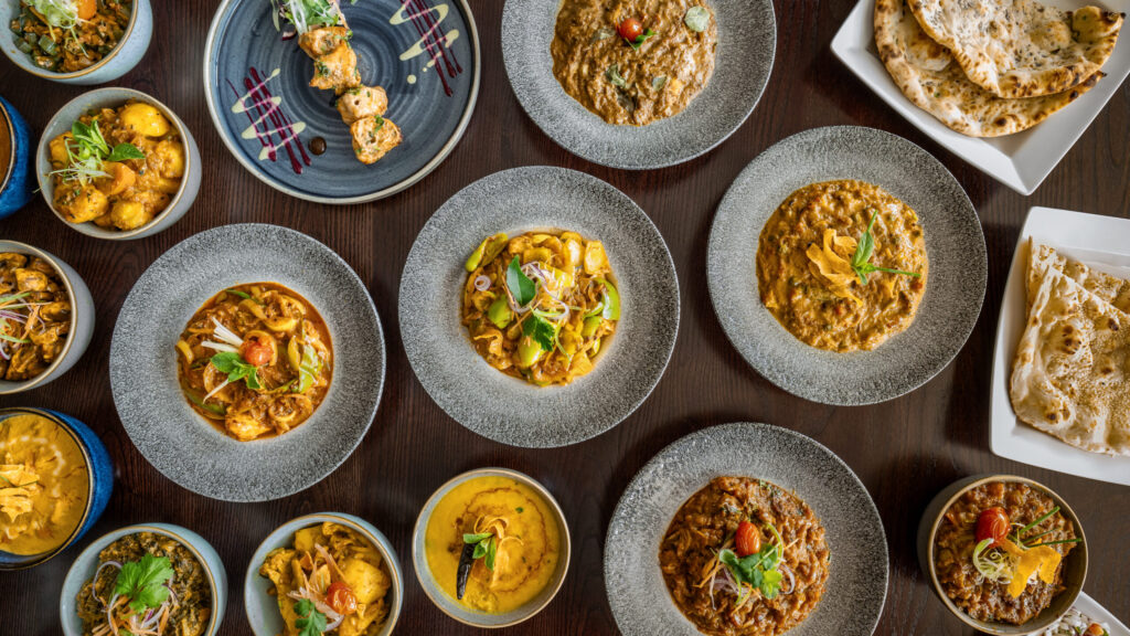 An overhead selection of Indian dishes for Christmas parties at Zari
