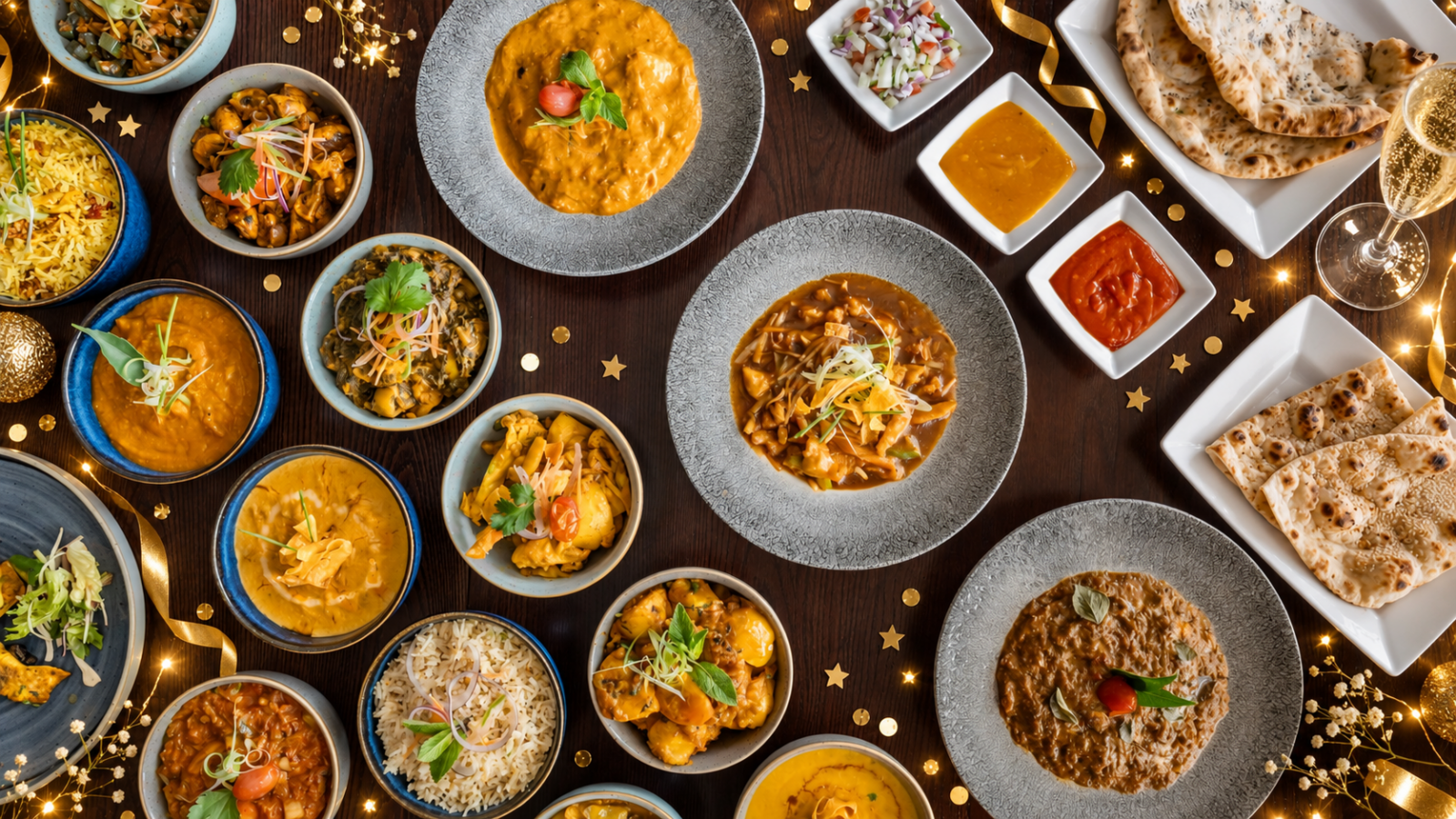 An overhead selection of Indian dishes for New Year’s Eve at Zari